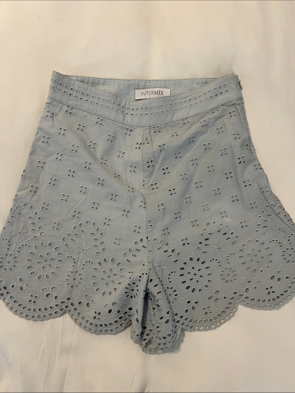 INTERMIX Pale Blue Eyelet Scallop Hem High-Waist Shorts